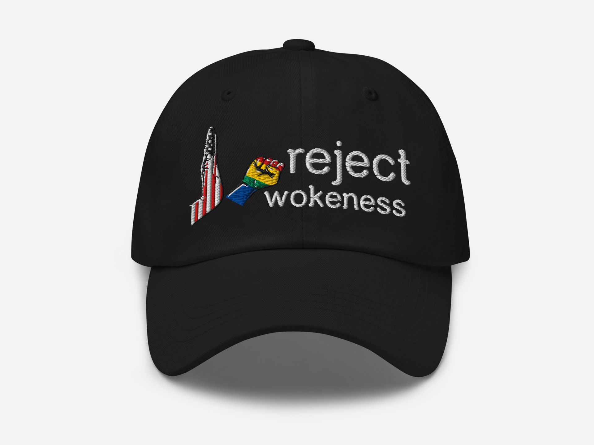 Black dad hat with 'reject wokeness' embroidered in white text, accompanied by a colorful fist and a stylized American flag design on the front, displayed against a white background