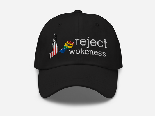 Black dad hat with 'reject wokeness' embroidered in white text, accompanied by a colorful fist and a stylized American flag design on the front, displayed against a white background