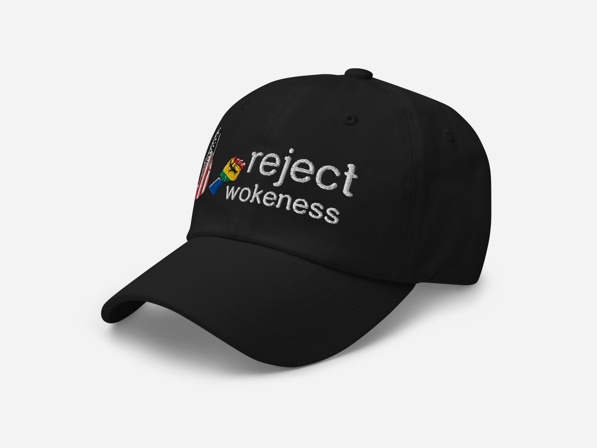 Black dad hat featuring 'reject wokeness' embroidered in white text, with a colorful fist and American flag design, shown at a left-angled front view on a white background