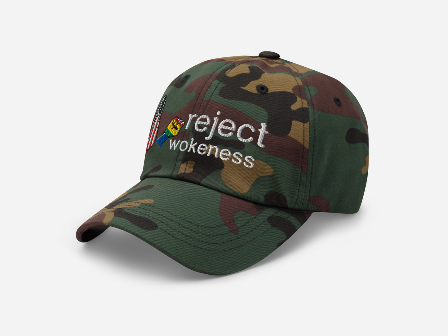 Green camouflage dad hat featuring 'reject wokeness' embroidered in white text, with a colorful fist and American flag design, shown at a left-angled front view on a white background