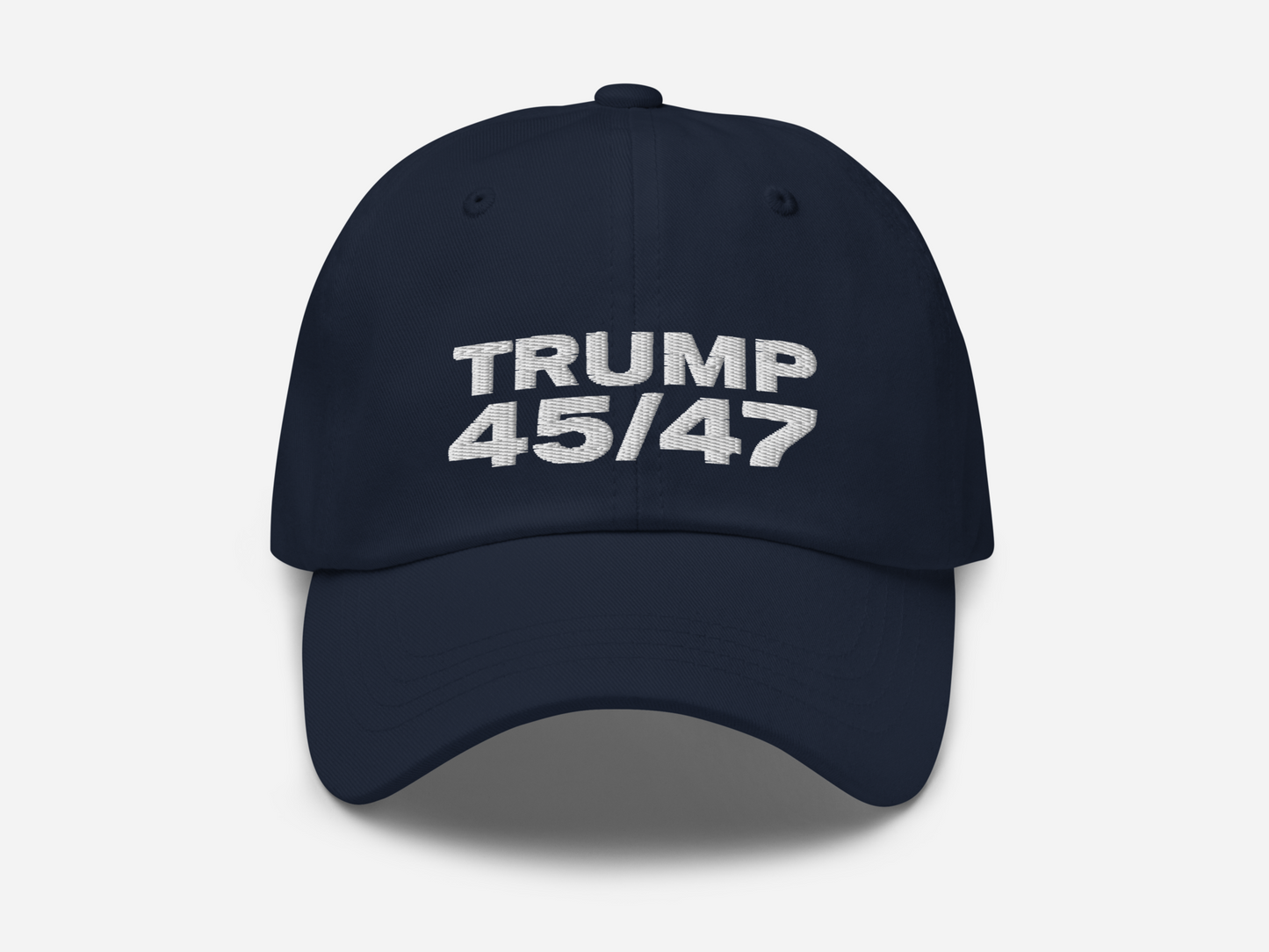 navy dad hat with '45/47' embroidered in bold white text on the front, displayed against a white background