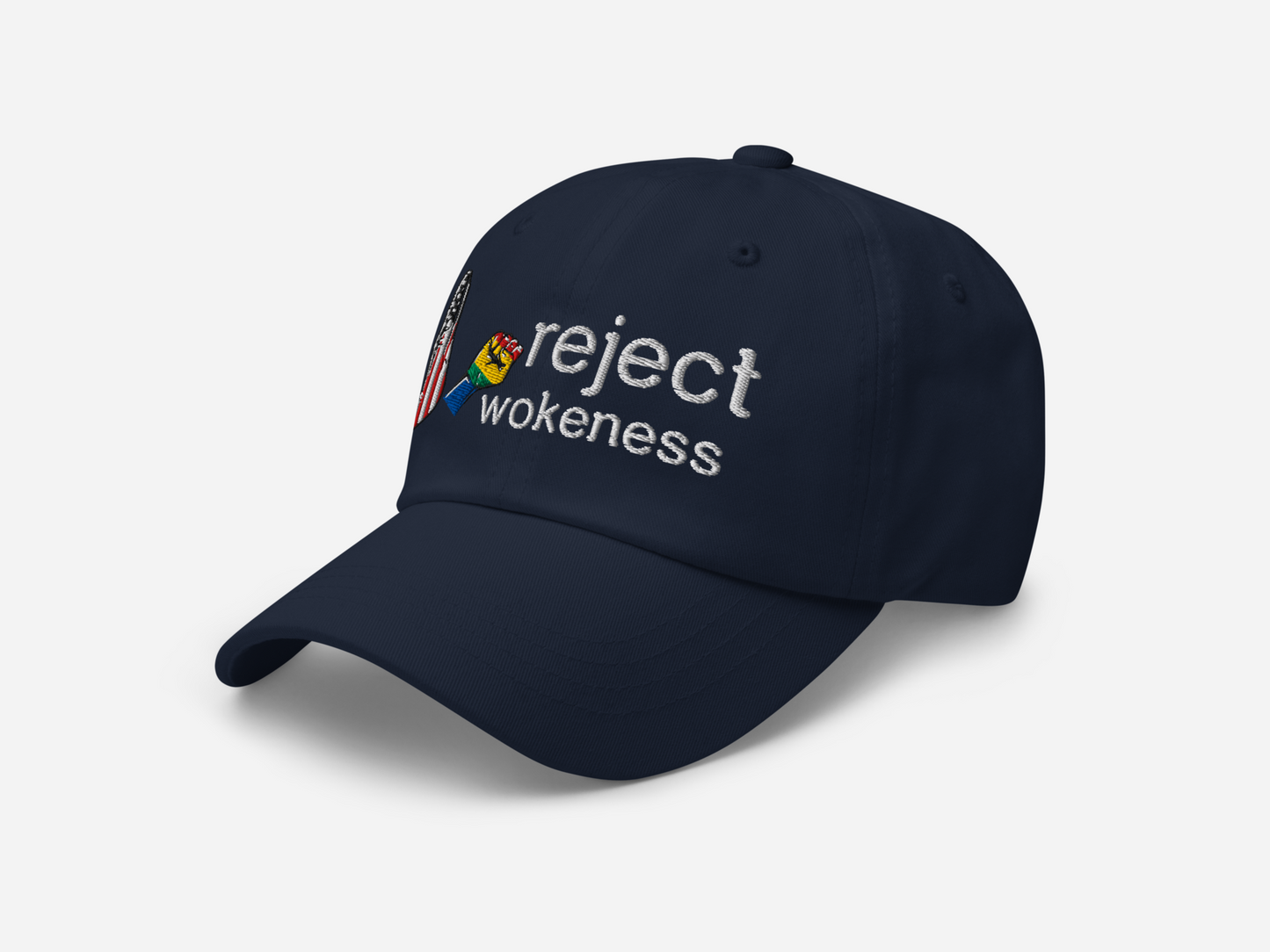 Navy dad hat featuring 'reject wokeness' embroidered in white text, with a colorful fist and American flag design, shown at a left-angled front view on a white background