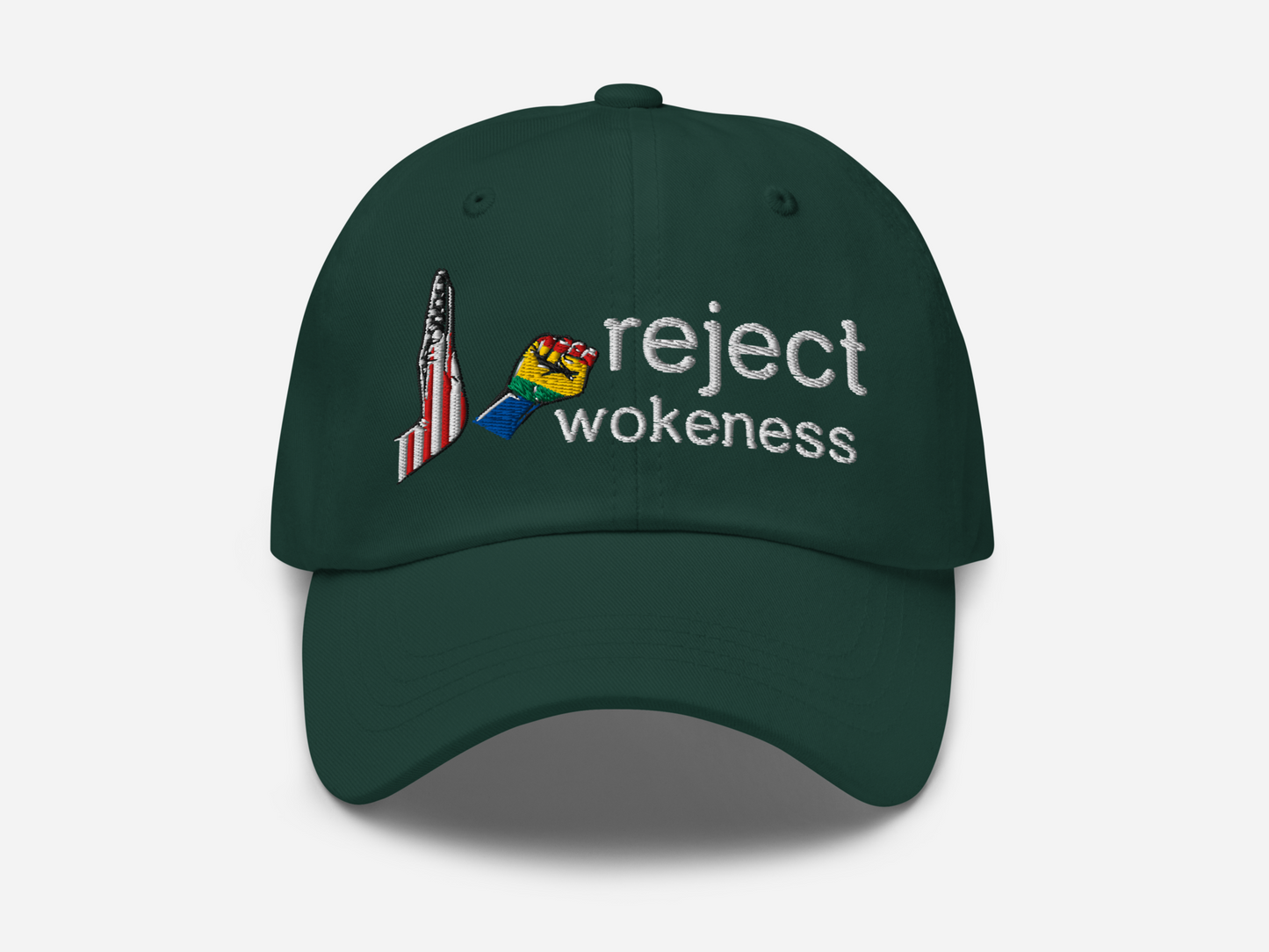 Spruce dad hat with 'reject wokeness' embroidered in white text, accompanied by a colorful fist and a stylized American flag design on the front, displayed against a white background