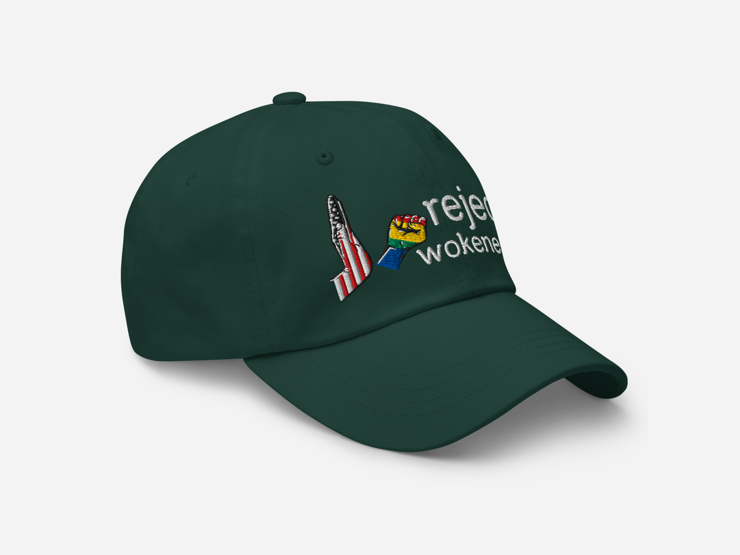 Spruce dad hat featuring 'reject wokeness' embroidered in white text, with a colorful fist and American flag design, shown at a right-angled front view on a white background