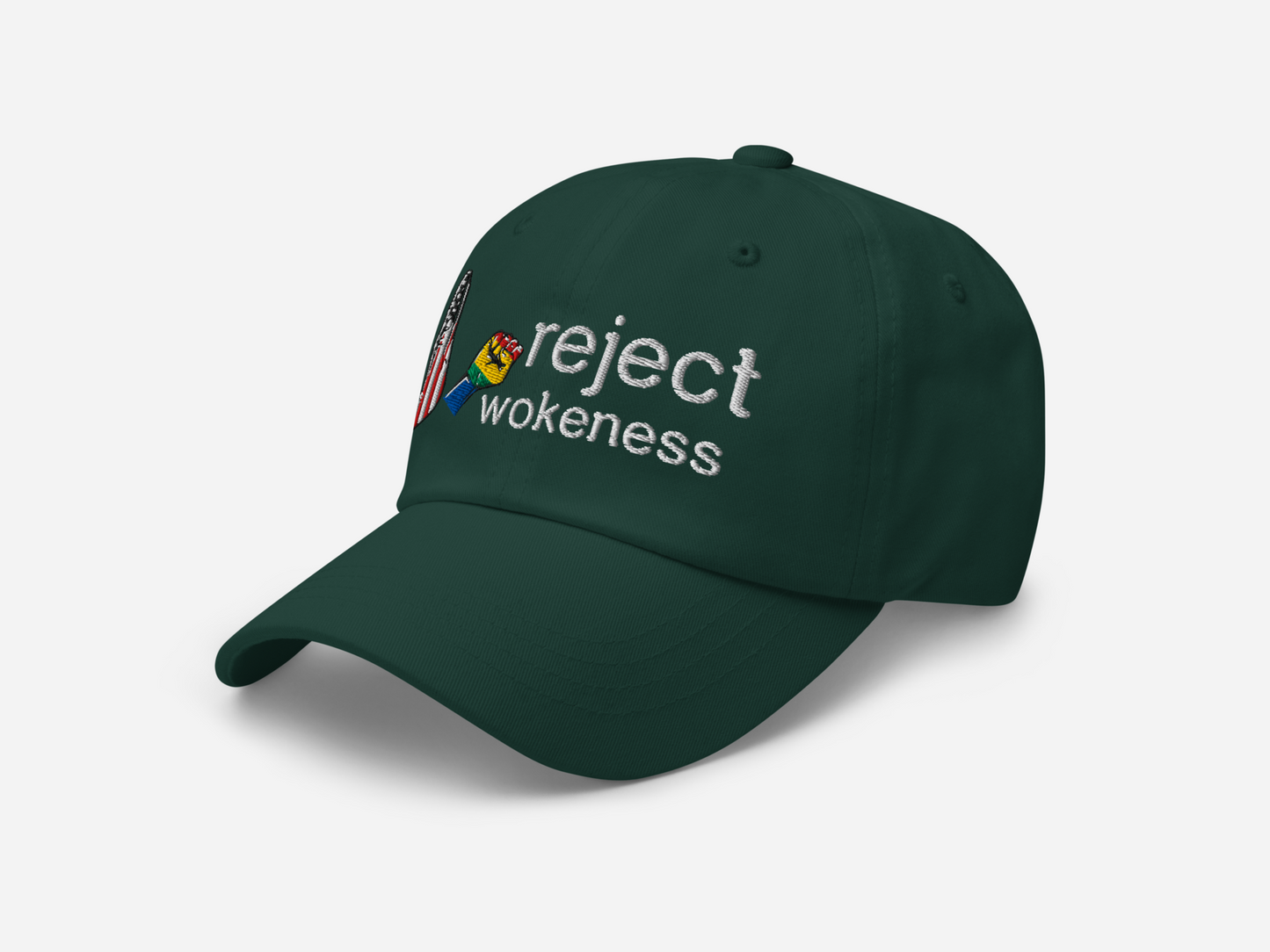 Spruce dad hat featuring 'reject wokeness' embroidered in white text, with a colorful fist and American flag design, shown at a left-angled front view on a white background