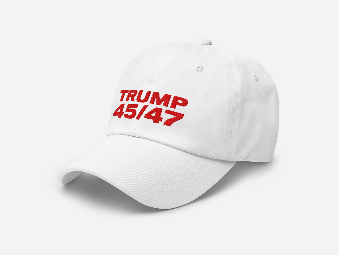 white dad hat featuring '45/47' embroidered in bold red text, shown at a left-angled front view on a white background