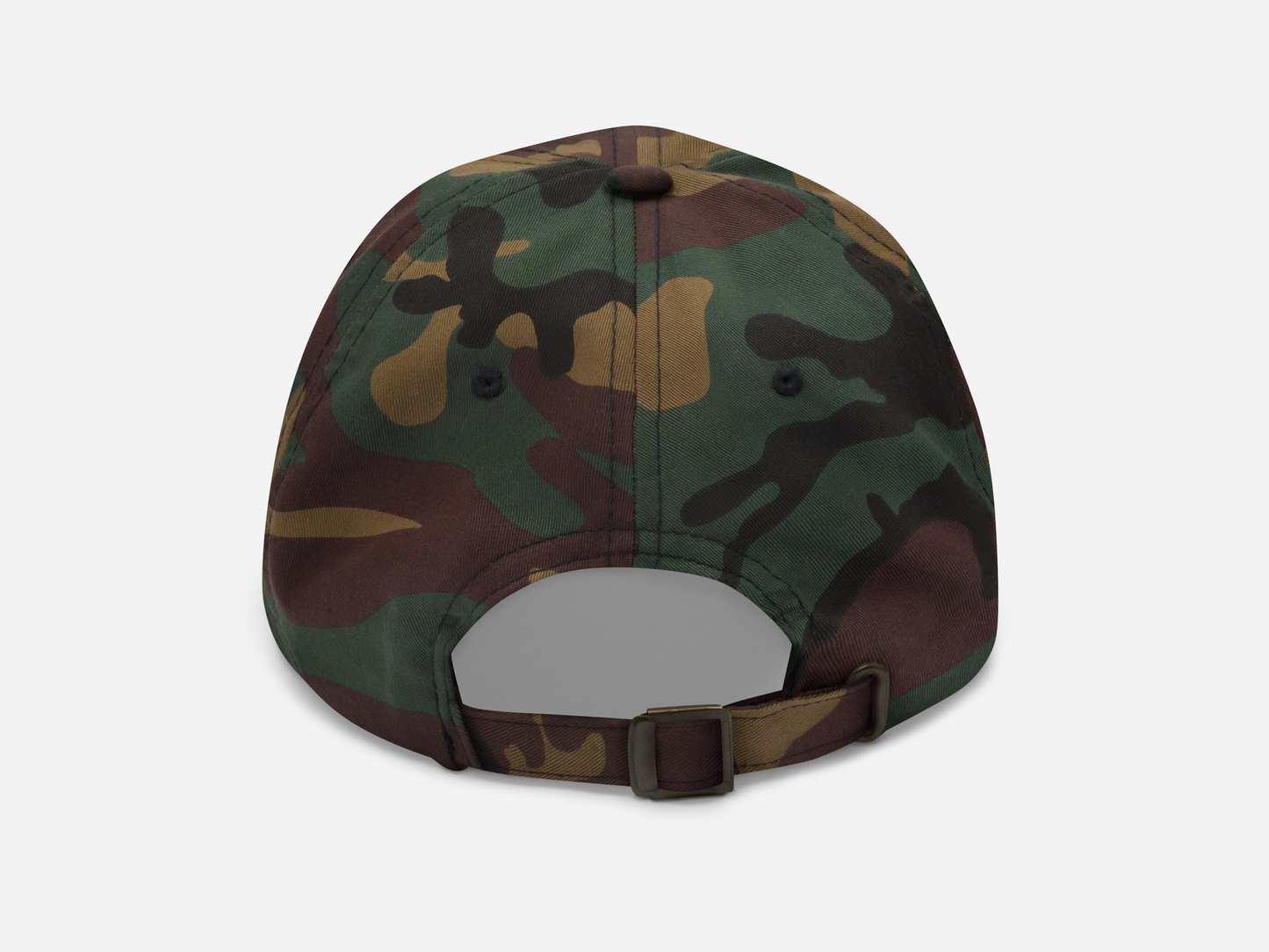 back view of a green camouflage Dad Hat displayed on white background