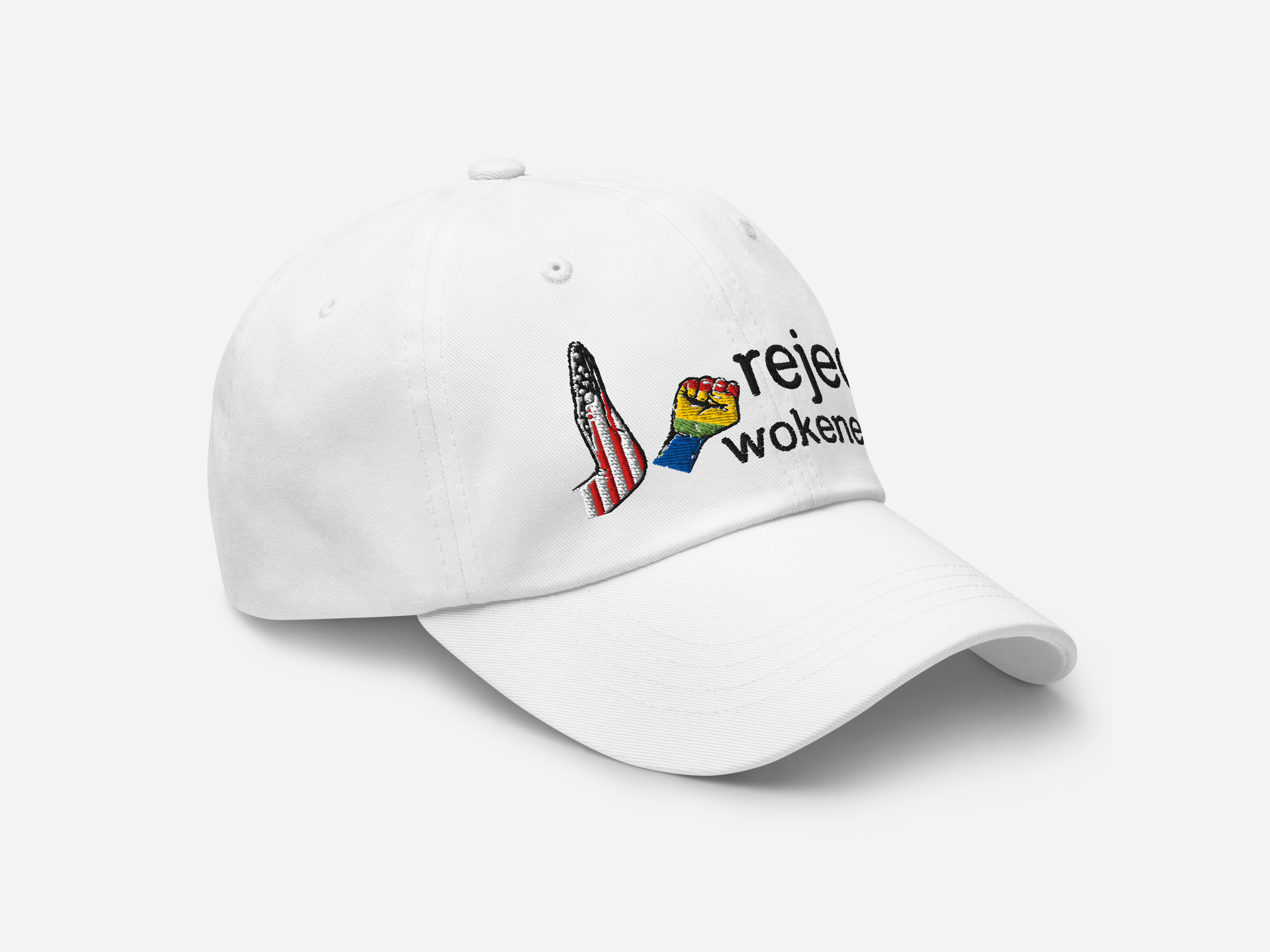 White dad hat featuring 'reject wokeness' embroidered in black text, with a colorful fist and American flag design, shown at a right-angled front view on a white background